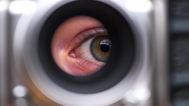 Eye looking through camera lens