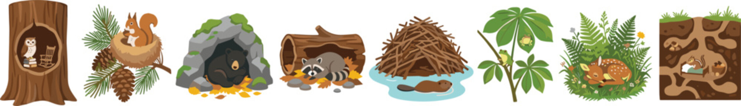Woodland animal homes and habitats vector set featuring owl tree hollow, squirrel nest, bear cave, raccoon log, beaver lodge, deer thicket, and underground burrows.