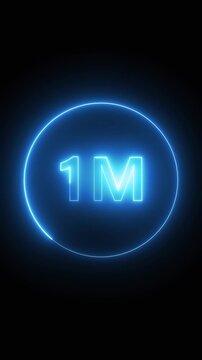 One million animation with blue glowing light. One million digital achievement indicator. One million glowing word on black background.