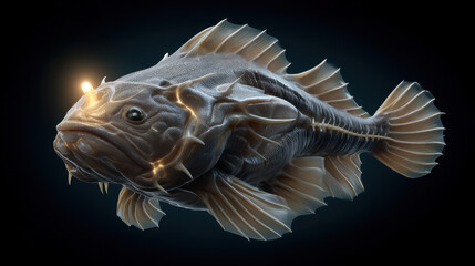 Obraz premium Bioluminescent deep sea angler fish on dark background, mysterious ocean creature and marine fauna concept