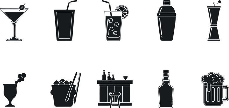 Black silhouette cocktail icons set martini mojito margarita and bar tools collection