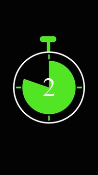 Visual timer animation with green indicator. Visual timer five second countdown. Visual timer digital clock graphic on black background.