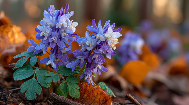Blue corydalis cava flowers blooming on the forest ground with autumn leaves, corydalis