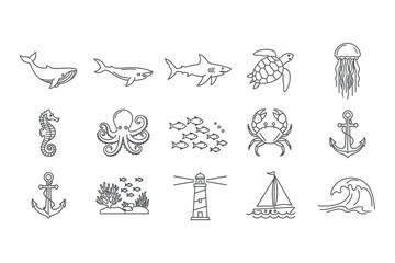 Nautical silhouette collection whales fish jellyfish sea creatures anchors and coastal elements © graphixarrow