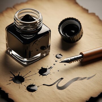 Close up of ink bottle and calligraphy brush on wood.