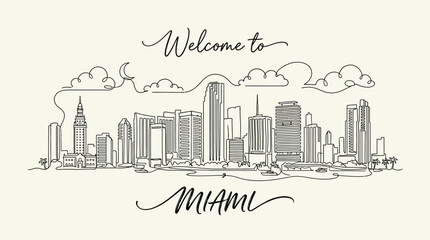 Fototapeta premium Miami Florida Skyline Hand Drawn Illustration, Greeting Card