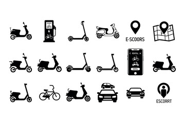 Black silhouette icons of various transportation methods scooters cars bikes and navigation © graphixarrow