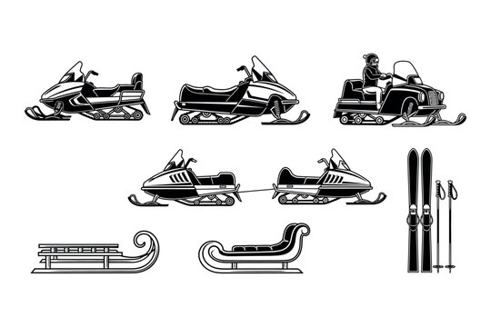 Winter vehicle silhouettes snowmobiles sleds and skis in a black and white collection