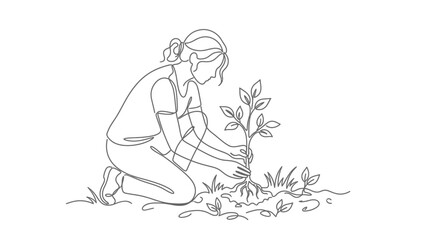 Obraz premium Woman Planting a Tree: Continuous Line Art Illustration