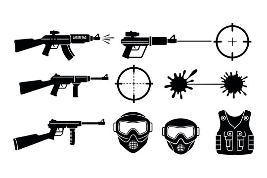 Black silhouette collection of firearms tactical gear and crosshairs for combat or security