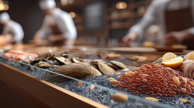 Fresh seafood and roe displayed on ice at gourmet restaurant buffet