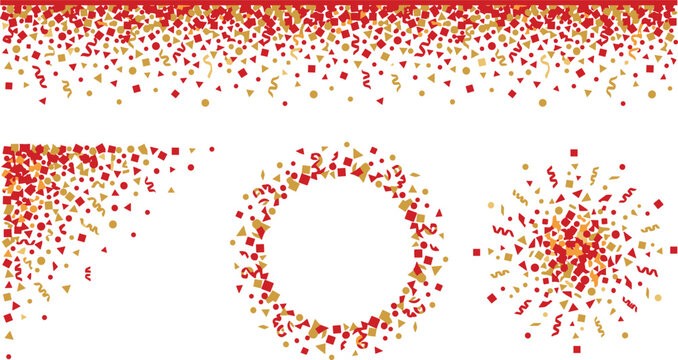 Festive red and gold confetti vector element set featuring horizontal border corner frame circular wreath and isolated party explosion