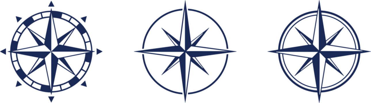 Nautical compass rose vector line icon set featuring navy blue maritime navigation star elements and geographic map exploration symbols