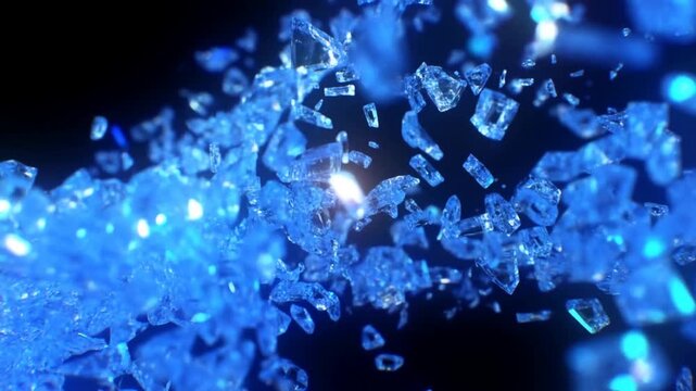 Slow motion macro tracking shot of blue crystal shards shattering and scattering in dark studio background with glowing reflective fragments closeup