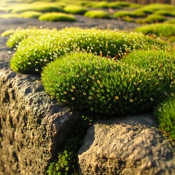 Close up of moss covered rock in forest.
