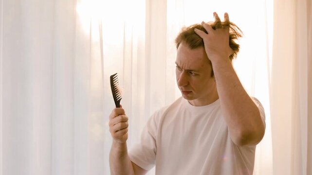 Shocked man looks at a comb full of fallen hair, realizing male hair loss. He touches his head, finding more hair in his hand, highlighting stress-related alopecia. High quality 4k footage