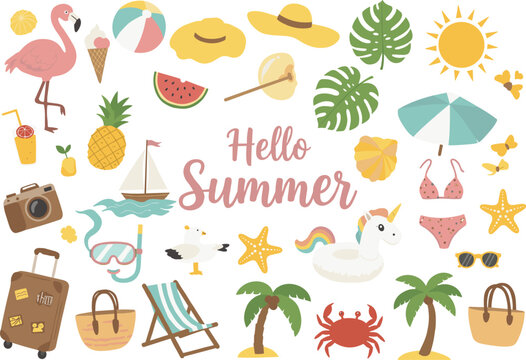 Hello Summer tropical illustration with beach icons, flamingo, unicorn float, bikini, palm trees, drinks, suitcase, umbrella, vacation design vector