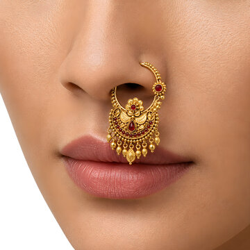 Traditional Indian Gold Nath Nose Ring Jewelry on Woman Face Close Up