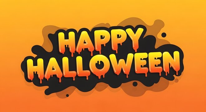 Happy halloween text with a dripping slime effect on a dark blob background over an orange gradient