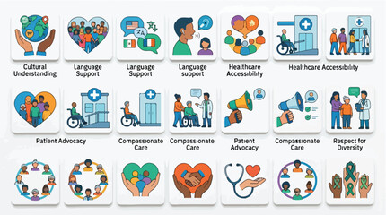 Fototapeta premium Set of healthcare and social inclusivity icons featuring diverse patient care scenarios.