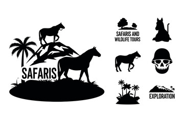 African safari silhouette collection horses palm trees wildlife and tribal elements in black and white © graphixarrow