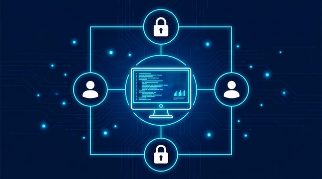 Digital Security Concept Featuring Computer Code Protection and Network Connectivity for Secure Data Management and User Privacy
