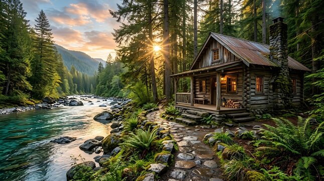 Old Weathered Log Cabin by Crystal Clear Mountain River with Stone Path