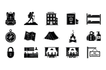 Camping and travel silhouette icons a collection of black glyphs representing outdoor adventure and accommodation © graphixarrow