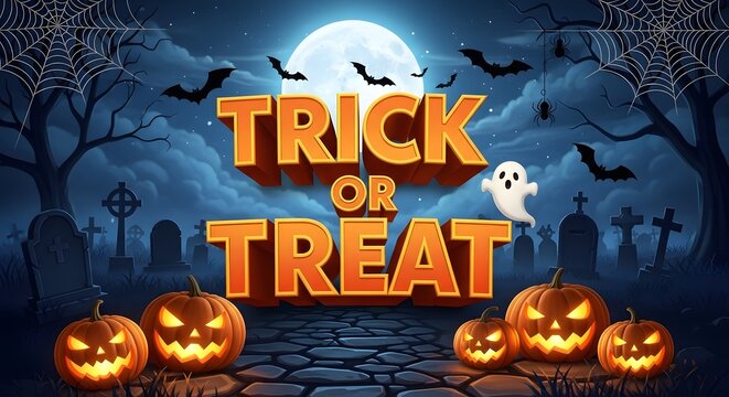 Halloween trick or treat background with pumpkins, bats, and a ghost in a graveyard