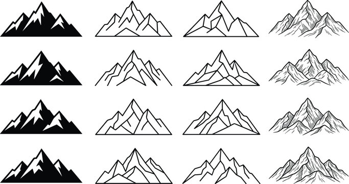 Mountain peaks silhouette and line art vector illustration set with various drawing styles isolated on white background for outdoor adventure logo and emblem designs