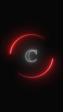 Letter c animation with red neon glow. Letter c digital symbol in circle. Letter c glowing graphic on black background.