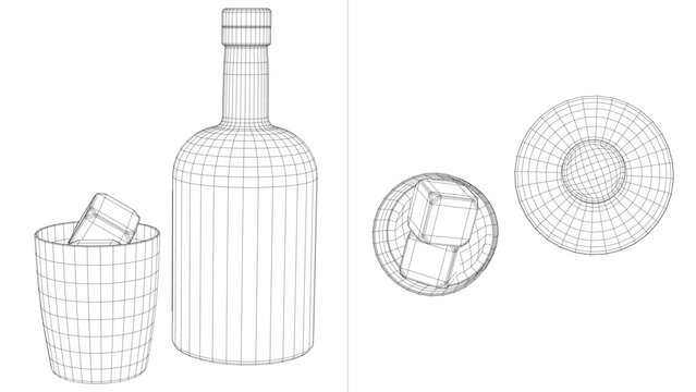Wireframe Model of Drinkware Set - Three wireframe models showcasing different angles and perspectives of a drinkware set consisting of a , a gla