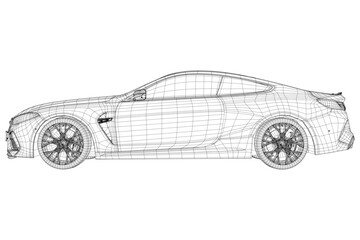 Fototapeta premium Wireframe of a Sports Car - The wireframe design of an elegant, two-door sports car with sleek lines and aerodynamic features. The image showcase