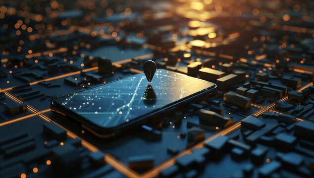 Smartphone on a city model with map pin and illuminated virtual perimeter lines representing geofencing for a real-world area.