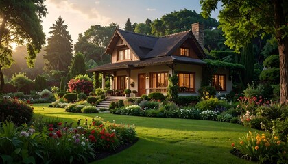 Fototapeta premium Cozy Cottage Home Surrounded by Lush Flower Garden at Sunset