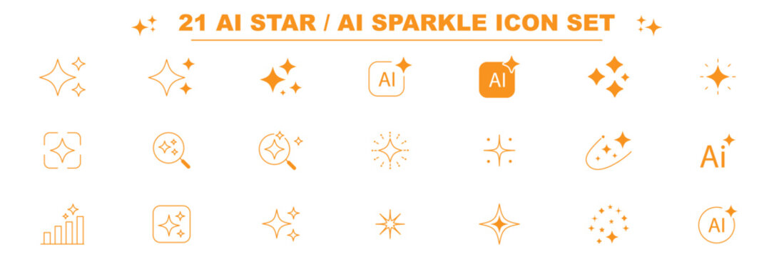 AI Search Icon Set, magnifying glass with sparkle stars, artificial intelligence search and discovery, smart data analysis and innovation, vector icons. Minimal AI Sparkle Icon Set with Square
