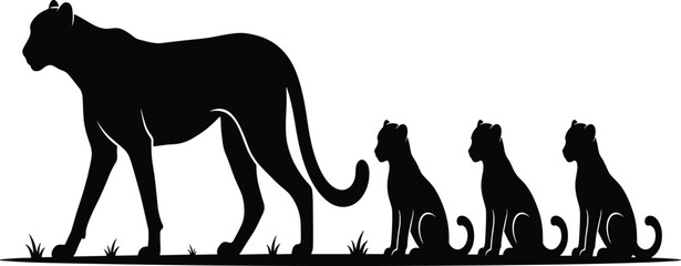 Black panther family silhouette, mother big cat walking with three sitting cubs, wild animal vector illustration, nature wildlife graphic design © Mdjoshelahamed4400 