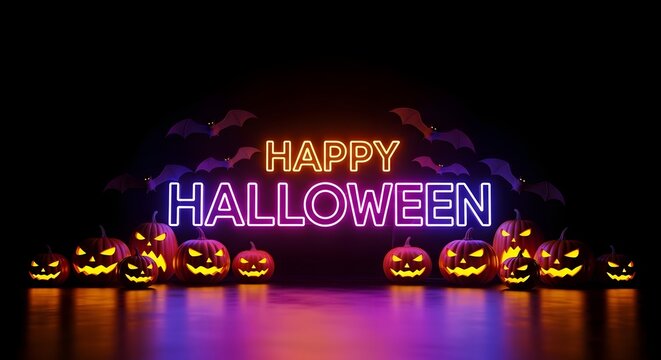 Happy halloween neon sign with glowing jackolantern pumpkins and bats on a dark background