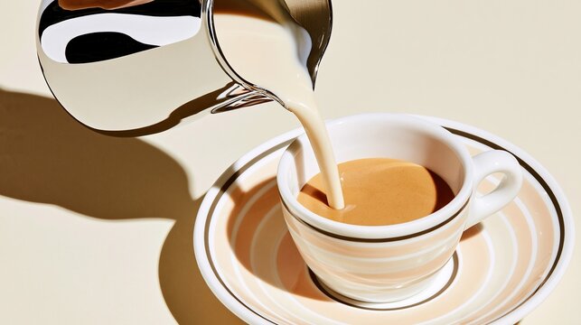 Creamy milk pouring from shiny stainless steel pitcher into ceramic cup of coffee on striped saucer for making morning latte on light background