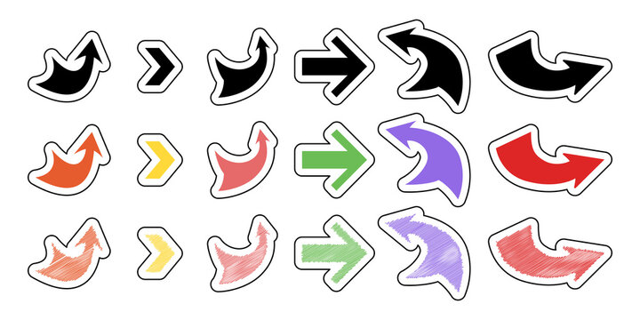 Set of assorted colorful arrow stickers in curved and straight formats featuring flat and sketchy texture designs for web ui.
