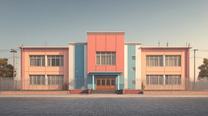 Fototapeta premium Modern building architecture with geometric design and blue sky background