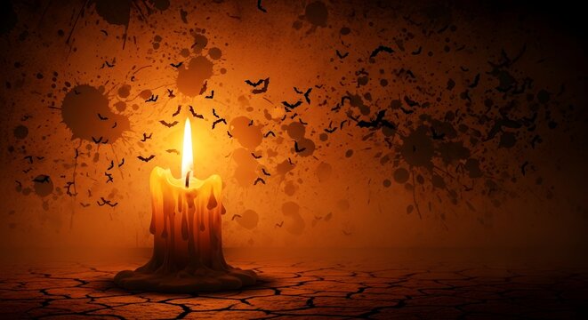 Single burning candle with melting wax surrounded by a swarm of flying bats against a dark orange textured background