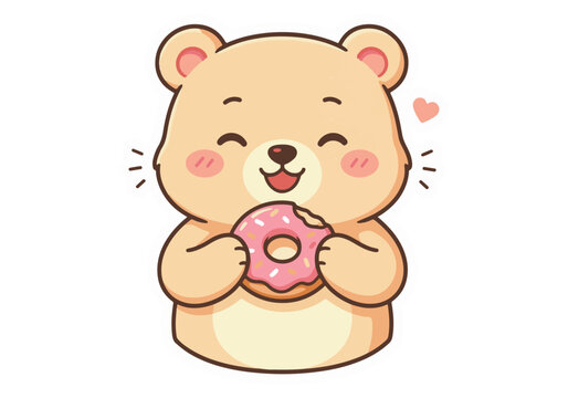 Bear Character with Smiling Face and Donut, Cute Pastel Vector Illustration with Blush Hearts and Sparkles