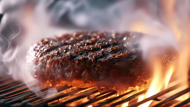 Juicy beef burger patty grilling over open flame with smoke and charred texture