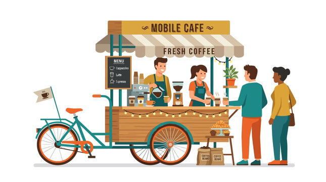 Mobile Cafe Vending Cart with Baristas Serving Coffee to Customers