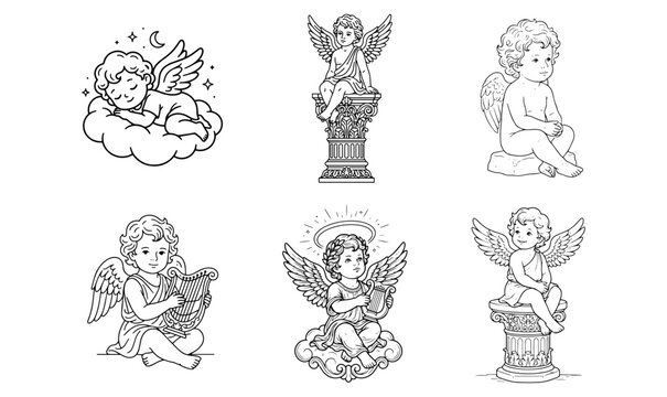 Cherub Angel Sculpture Line Art Icon Set Decorative Vector Pack on PNG Background, cherub, angel icon, angel sculpture, cherub angel, winged angel, decorative statue, sculpture icon, religious art,