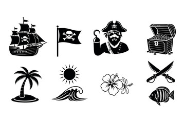 Pirate adventure silhouette collection ship treasure and tropical elements in black and white © graphixarrow