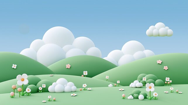 Minimal 3d render cartoon countryside landscape with soft green rolling hills fluffy white clouds and small white and pink flowers on light blue sky background