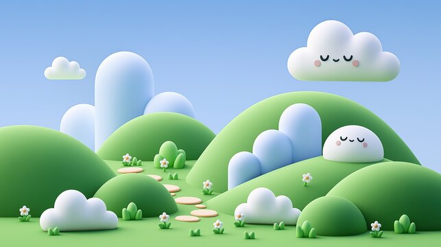 Cute 3d render cartoon landscape with soft green rolling hills fluffy smiling clouds and small white daisy flowers for kids playful cheerful concept