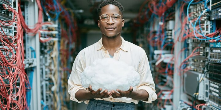 Young technician holding a cloud model in a data center server room for cloud computing background and it infrastructure banner